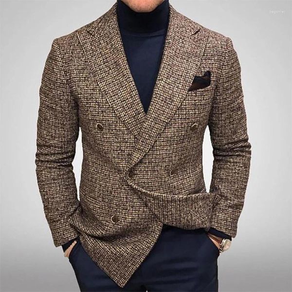 Chaquetas para hombres Vintage doble botonadura solapa para hombre chaqueta de punto abrigo moda cuadros de punto hombres blazer primavera manga larga trajes casuales