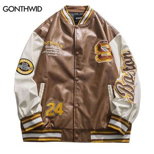 Heren Jackets Vintage Faux PU Leather Jacket Mens Embodiery Baseball Bomber Varsity College Color Block Patchwork Jackets Coats Black Brown T220914