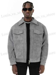 Vestes pour hommes Vintage High Strt Suede Material Jacket Jacket avec glissière à revers à revers courte décontractée pour hommes T240419