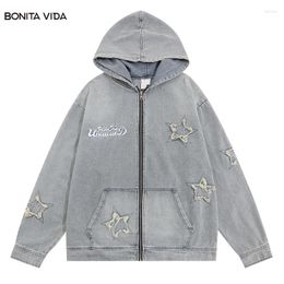 Chaquetas de hombre Vintage chaqueta de mezclilla con capucha ropa de calle Hip Hop bordado estrella cremallera lavado Jeans abrigo Harajuku moda suelta Punk