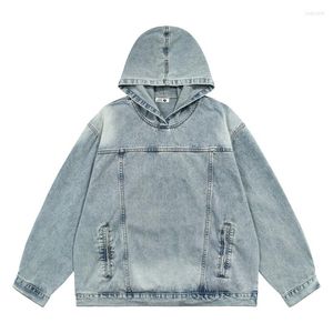 Men's Jackets Vintage Hooded Denim Jacket Mens High Street Washed Y2K Hip Hop Pullover Coat Streetwear Casual Loose