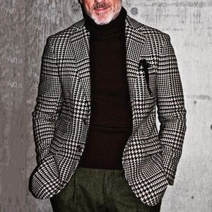 Heren Jackets Vintage HoundStooth Print Mens Jacket Blazer Fashion Turn Down Collar Hooked Coats Men Fall Casual Long Sleeve Suit