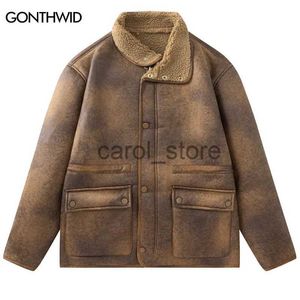 Vestes pour hommes Vintage en cuir veste en laine d'agneau Y2K rétro lavé imperméable épais chaud hiver polaire vestes 2023 Harajuku manteaux marron noir J231115