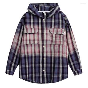 Vestes pour hommes Vintage surdimensionné lâche dégradé Plaid chemise à capuche veste hommes et femmes chemises décontractées manteau haut