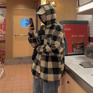 Vestes pour hommes Vintage Plaid Chemises à capuche Veste décontractée Baggy Mode coréenne Blouses à poitrine unique Mâle Harajuku Sweat à capuche Cargo Manteaux