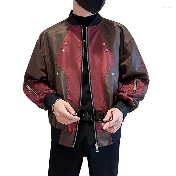 Chaquetas para hombre Vintage remache Biker chaqueta abrigo contraste Patchwork moda Bomober estilo coreano ropa de calle rompevientos hombre