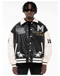 Heren Jackets Vintage Turn-Down Collar Baseball Leather For Men Street Letter Flocking Bomber Jacket Hip Hop College Coats Couple