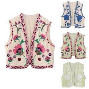 Vestes pour hommes Vintage Femmes Floral Broderie Gilet Été National Style Ouvert Gilet Casual Patchwork V Cou Dames Tops Courts 230822