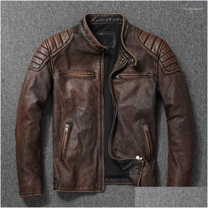 Vestes pour hommes Vintage jaune marron véritable Cowe veste en cuir véritable hommes manteau de moto hommes vêtements de motard printemps automne taille asiatique 6X Dhjmt