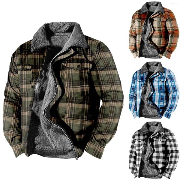 Jackets para hombres Camisa a cuadros de lana forrada chaqueta Invierno de peso pesado Guardería gruesa con cremallera Sweaters a prueba de clima