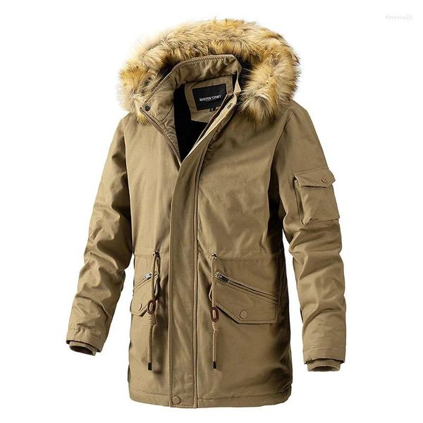 Chaquetas para hombres Cálido invierno Polar forrado con cuello de piel Hombres Parka Espesar Chaqueta de trabajo al aire libre con capucha de algodón Abrigos militares de gran tamaño