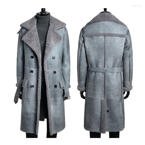 Chaquetas para hombres Cálido Invierno Piel de oveja Trench Coat Hombres Chaqueta de cuero Classic Fur Long Windbreaker Ropa real