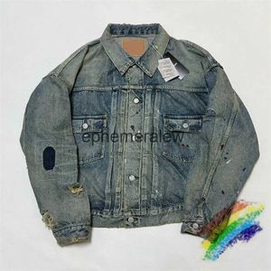 Vestes pour hommes Washed Damage Denim Veste de travail Jeans Hommes Femmes 1 1 Meilleure qualité Faire vieux bleu tissu lourd Coatephemeralew