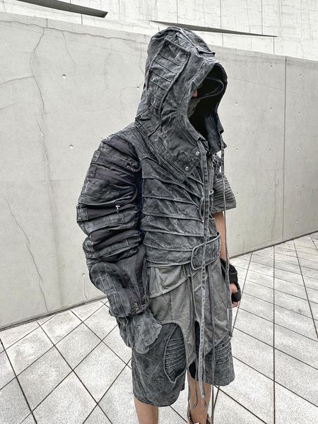 Chaquetas para hombres Wasteland Wind Diseño de deconstrucción asimétrica Industria pesada Vieja estrella Misma chaqueta con capucha Ropa de moda Abrigo especial