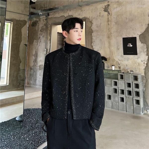 Chaquetas para hombre, ropa de otoño 2023, abrigo de lana holgado de estilo corto sin cuello de alta calidad, ropa de calle coreana de un solo pecho L158
