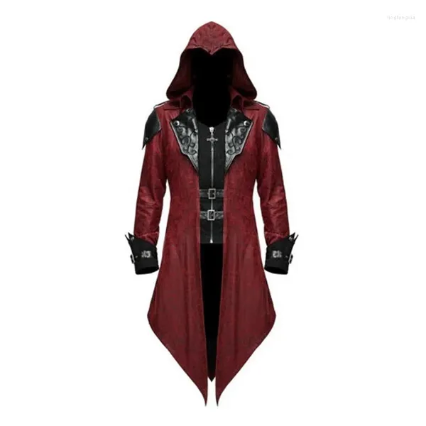 Vestes pour hommes Wepbel Vêtements d'extérieur médiévaux Hommes Halloween Rétro Patchwork Manteau Gothique Dark Costume Manteaux Longue Trench à capuche