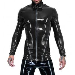 Vestes pour hommes Wet Look Hommes Gay PVC Fermeture à glissière avant Col haut à manches longues Slim Fit Chemises Faux Latex Veste Club Adulte Fantasy Tops Party S-7XL 231220