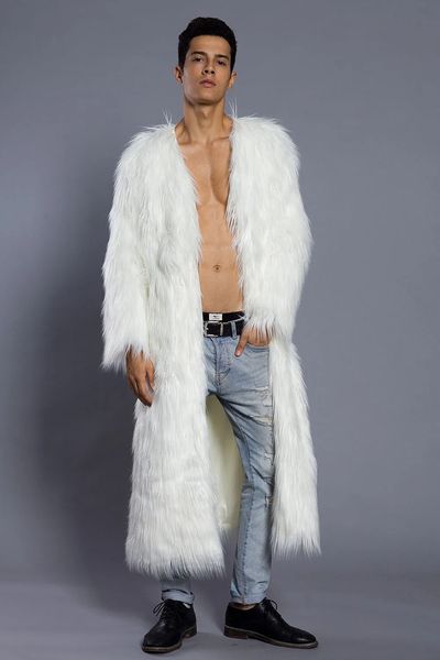 Vestes pour hommes blanc fausse fourrure longue Parka manteaux hiver extérieur épais chaud Trench mâle mode tendance fourrure doux Hombre 231207
