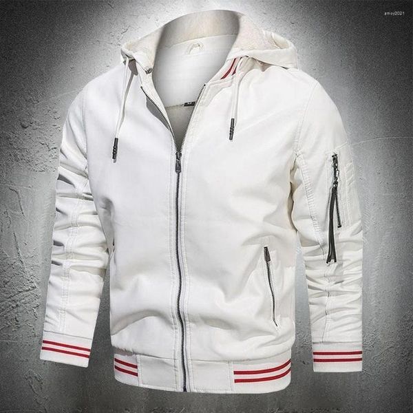 Chaquetas para hombres Chaqueta de cuero blanca Hombres Otoño Invierno con capucha Biker PU Abrigo con capucha Ropa de moda Casual