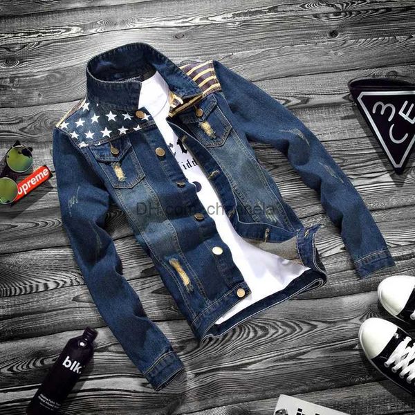 Vestes homme Vente en gros 2020 hommes printemps veste hommes coréen USA drapeau imprimé trou revers denim veste hombre hommes denim veste hommes vêtements T240217