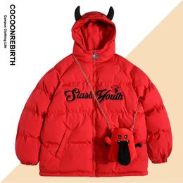 Herenjassen Winter Borduren Parka's met capuchon Mannen Dames Y2k Hiphop Duivel Hoorn Vleugel Gewatteerde Harajuku Pufferjassen Unisex Bubble Uitloper 231118