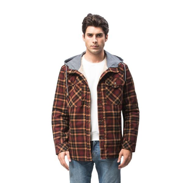 Chaquetas para hombres Chaqueta de lana de invierno Hombres Casual Plaid con capucha Terciopelo engrosado Camisa cálida Algodón Suelto Camisas de manga larga Abrigo Masculino