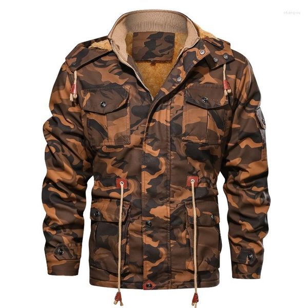 Chaquetas para hombres Invierno Fleece Cuero para hombre con capucha PU Abrigos Moda masculina Camuflaje Outwear Piel para hombres