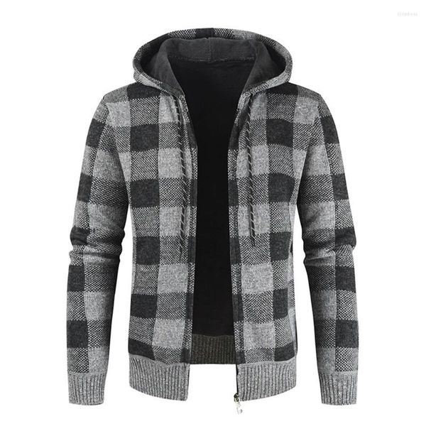 Vestes pour hommes hiver doublé polaire veste à capuche Cardigan épais chaud Plaid fermeture éclair vêtements d'extérieur manteau tricots haut vêtements