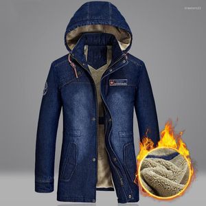 Vestes pour hommes Veste d'hiver Manteau en jean pour hommes Mi-long Plus Velours Épais Chaud Pur Coton Manteaux À Capuche Pardessus Hommes Coupe-Vent M-5XL