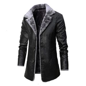 Herenjacks Winter Long Leather Jacket Solid Color Plus Velvet Warm Casual Button Coat Business Rapel Top 230217