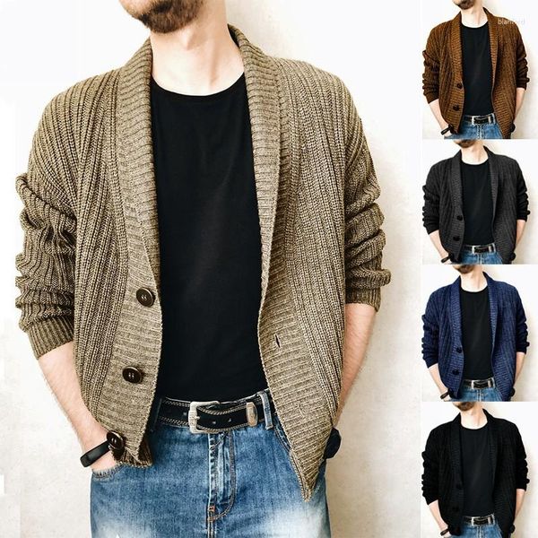 Vestes pour hommes hiver à manches longues chaud col châle tricoté Cardigan pull décontracté coupe ajustée doux tricot en coton