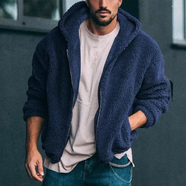 Chaquetas para hombre, abrigo con capucha esponjoso de piel gruesa de lana para hombre, chaqueta con cremallera, prendas de vestir de Color sólido, ropa de calle para hombre