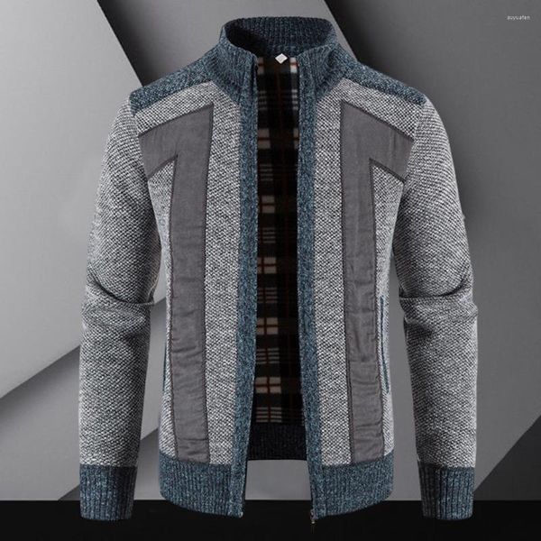 Chaquetas para hombre, abrigo de invierno para hombre, tejido de felpa en contraste de colores, retales, transpirable, grueso, manga larga, de talla grande, con cuello levantado, otoño cálido