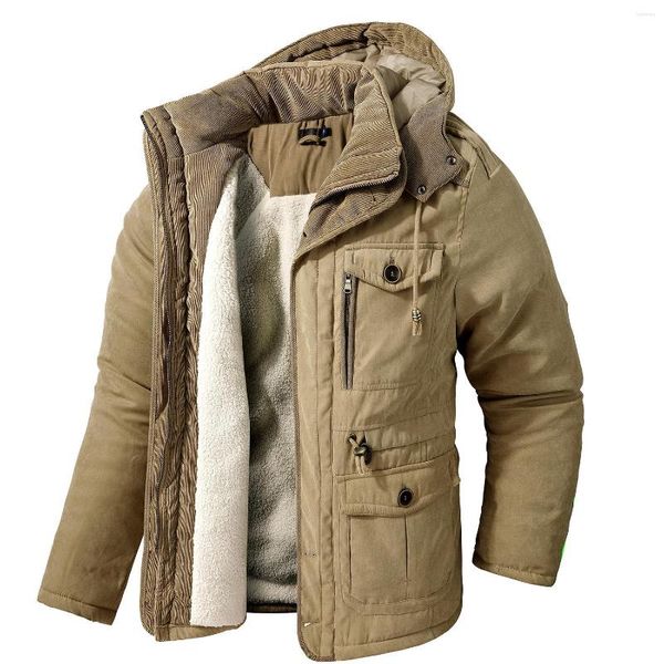 Vestes pour hommes hiver hommes coton coat de veste en peluche épaissie à capuche multiples poches du peluche d'agneau chaud nous doublure