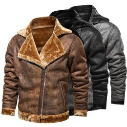 Hommes Vestes Hiver Hommes Col De Fourrure PU Veste En Cuir Marron Vintage Manteau Mâle Polaire Épaissir Bomber Manteaux Outwear Streetwear Coupe-Vent 230217