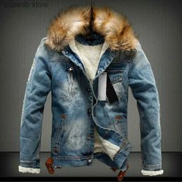 Chaquetas para hombres Chaqueta de mezclilla para hombre de invierno con cuello de piel Chaqueta y abrigo de jeans de lana rasgados retro para otoño invierno S-6XL T231104