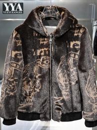 Vestes masculines Hiver Mens Tiger imprimé en fausse fourrure Veste de mode Hip Hop Bomber à capuche décontractée