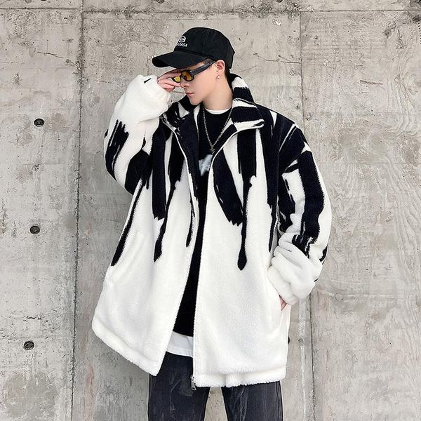 Chaquetas para hombre invierno Poly Fleece abrigo suave Parka holgada diseño de letras de calle gótica hombres cálidos cuello alto cremallera Harajuku Parkas