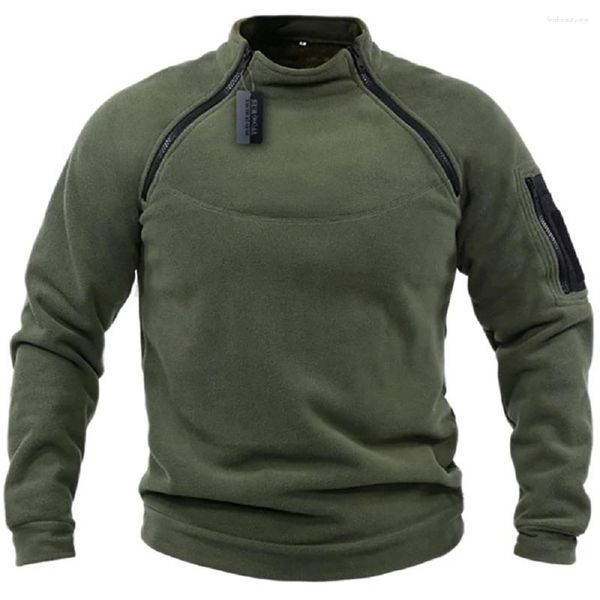 Chaquetas para hombres Cuello de pie de invierno Jersey de lana Color sólido Chaqueta táctica al aire libre Ropa de caza Cremalleras Abrigo grueso a prueba de viento