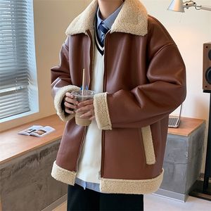 Hommes Vestes D'hiver En Cuir Épais Chaud Mode Rétro Laine D'agneau Streetwear Coréen Lâche Manteau Court s Outwear 221008