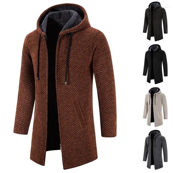 Vestes pour hommes hiver trench-coat long pull en tricot veste polaire sweats à capuche chauds beige affaires décontracté cardigan fermeture éclair pull pardessus