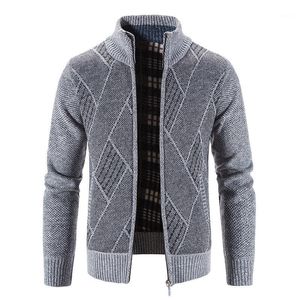 Heren Jassen Winter Warme Dikke Lange Mouwen Plus Fluwelen Hoodless Geruite Trui Vest Gebreide Opstaande Kraag Argyle Jas