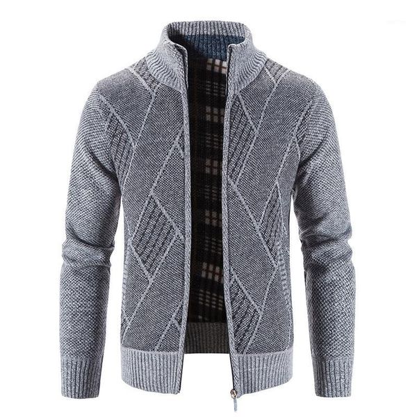 Chaquetas de invierno para hombre, cálidas, gruesas, de manga larga, además de terciopelo, sin capucha, suéter a cuadros, cárdigan, prendas de punto, chaqueta de Argyle con cuello levantado