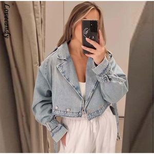 Men S Jackets vrouw denim bijgesneden jasje met riem vrouwelijke mode draai kraag omlaag lange mouw korte mouwen korte jassen Lady Spring Streetwear 23052222