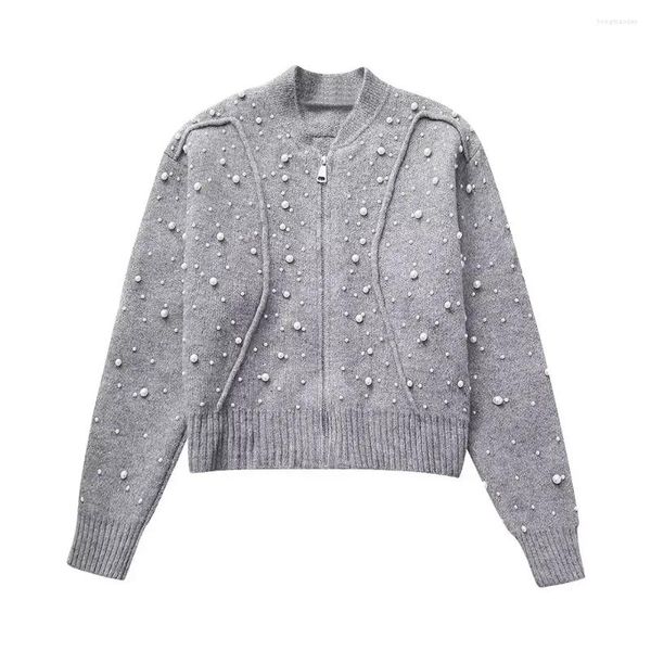 Vestes masculines Mode des femmes avec une fausse perle gris gris zipper bomber vintage o-cou manches longues