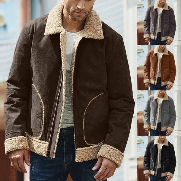 Chaquetas para hombres Abrigo de lana Hombres Invierno Vintage Espesar Cuello de solapa cálido Manga larga Acolchado Cuero Cremallera Bolsillo Abrigos sueltos