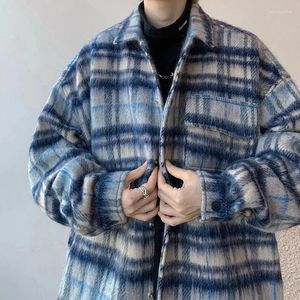 Vestes pour hommes veste à carreaux en laine automne hiver col rabattu Style coréen manteaux amples mode rue chemise à manches longues bleu