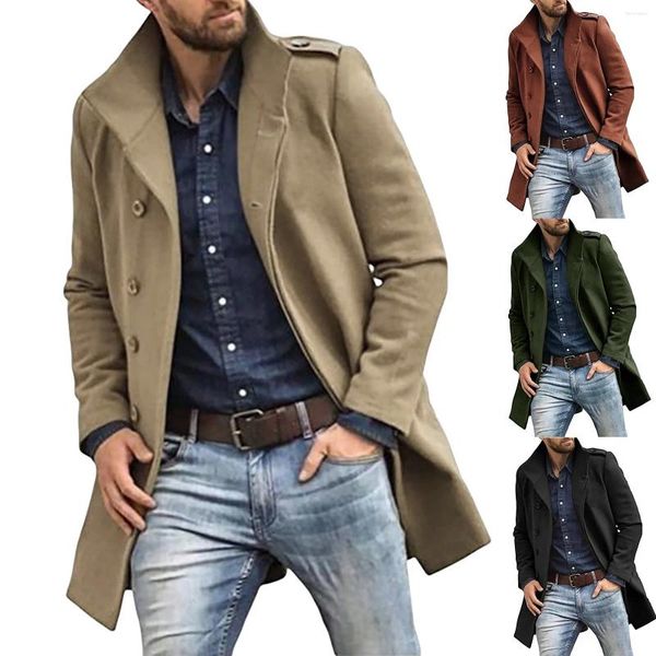 Vestes pour hommes Laine Couleur unie Col montant Moyen Long Manteau de poche décontracté Mens Sur Anorak