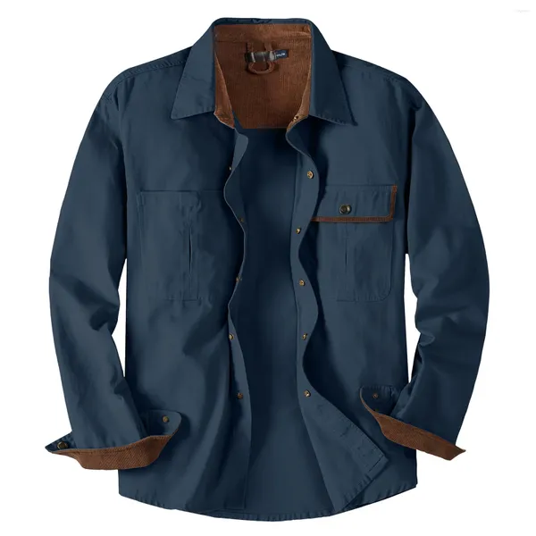 Chaquetas para hombres Ropa de trabajo Camisa de algodón lavada Tallas grandes Solapa de color sólido Manga larga Camisas de pana para hombres Otoño Slim