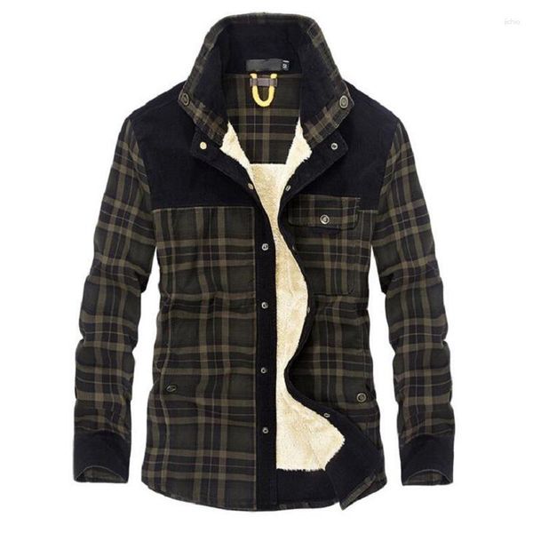 Chaquetas para hombres Y2K Otoño Witner Fleece Cálido Hombres Camisas Plaid Pure Algodón Lana Interior Espesar Botón Arriba Camisa Moda Militar Hombre